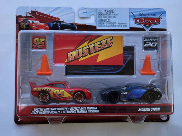 DISNEY CARS 3 DIECAST - Rusteze LMQ and Jackson Storm with signs