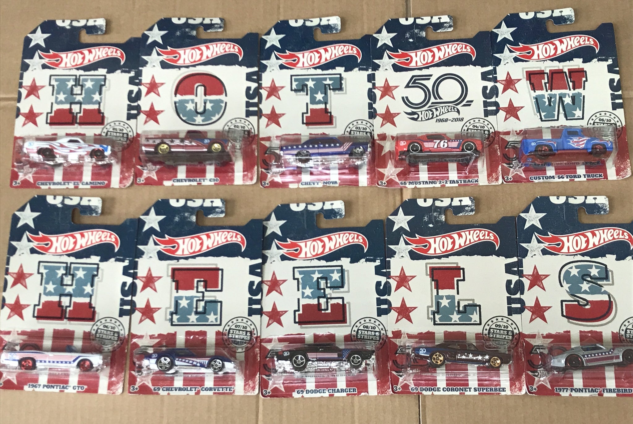 HOT WHEELS DIECAST - 50th Anniversary Stars and Stripes Set Of 10